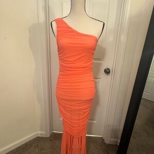 Elegant One-Shoulder Ruche Orange/Peach Dress